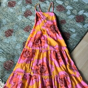 Gap Floral tiered Maxi Dress in neon Pink and Orange, apron style